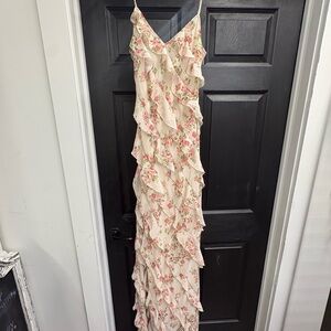 Altar'd State Cream Maxi Dress with Pink Floral Ruffle Detail